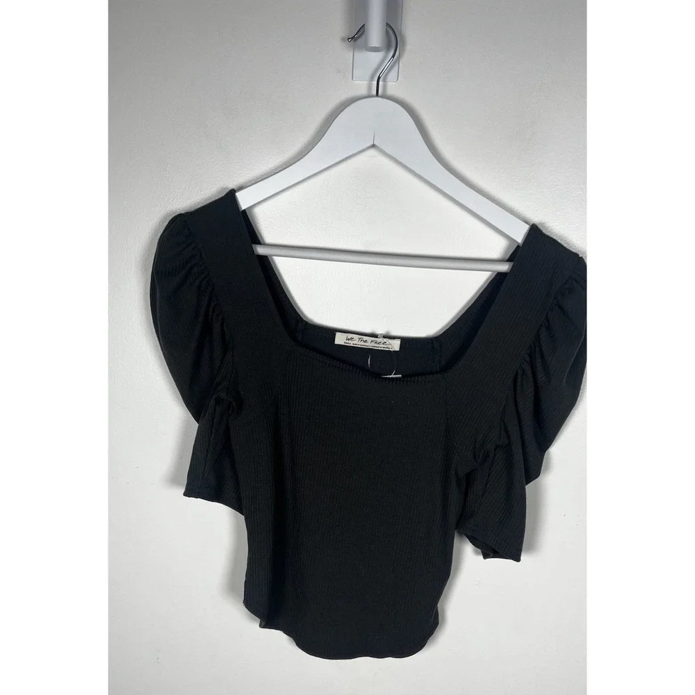 Free People Size Small Black Knitted Night Lily Rib Puff‎ Sleeve Blouse Top NEW